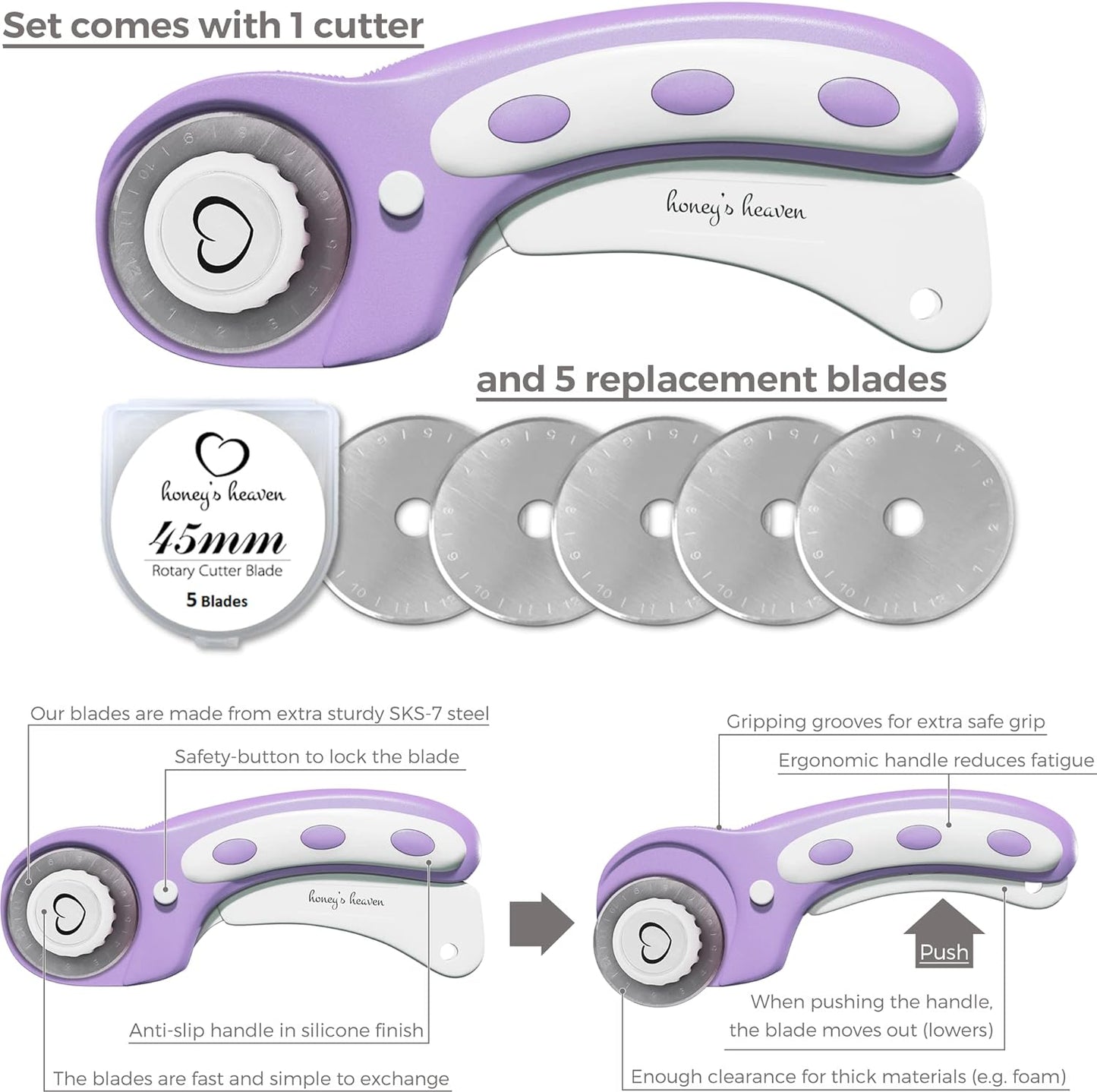 Honey's Heaven Rotary Cutter Set - Quilting Kit incl. 45mm Fabric Cutter, 5 Replacement Blades, A6 Cutting Mat and Craft Clips - Ideal for Crafting, Sewing, Patchworking, Crochet & Knitting