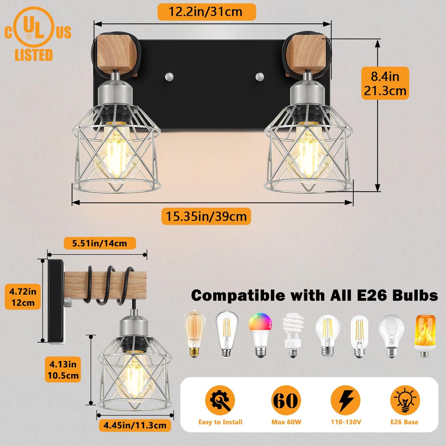 Fadimikoo Farmhouse Bathroom Light Fixtures  Rustic 2-Light Wood Vanity Lights For Bathroom  Industrial Black Silver Wall Lighting With Metal Shade For Bedroom  Living Room  Hallway