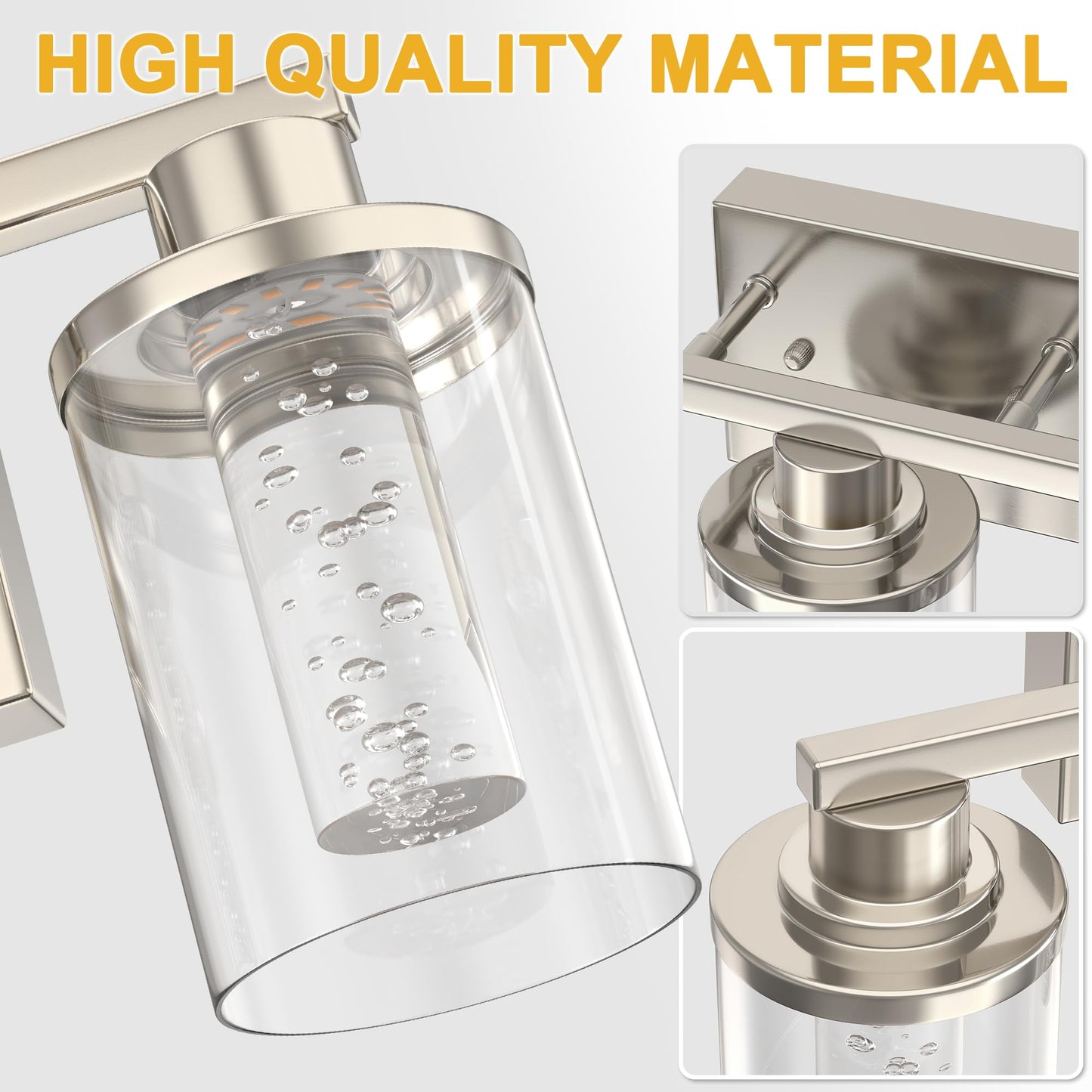 L LOHAS LED 3-Light Bathroom Light Fixtures, Dimmable Crystal Vanity Lights with Clear Glass Shade, Nickel Finish