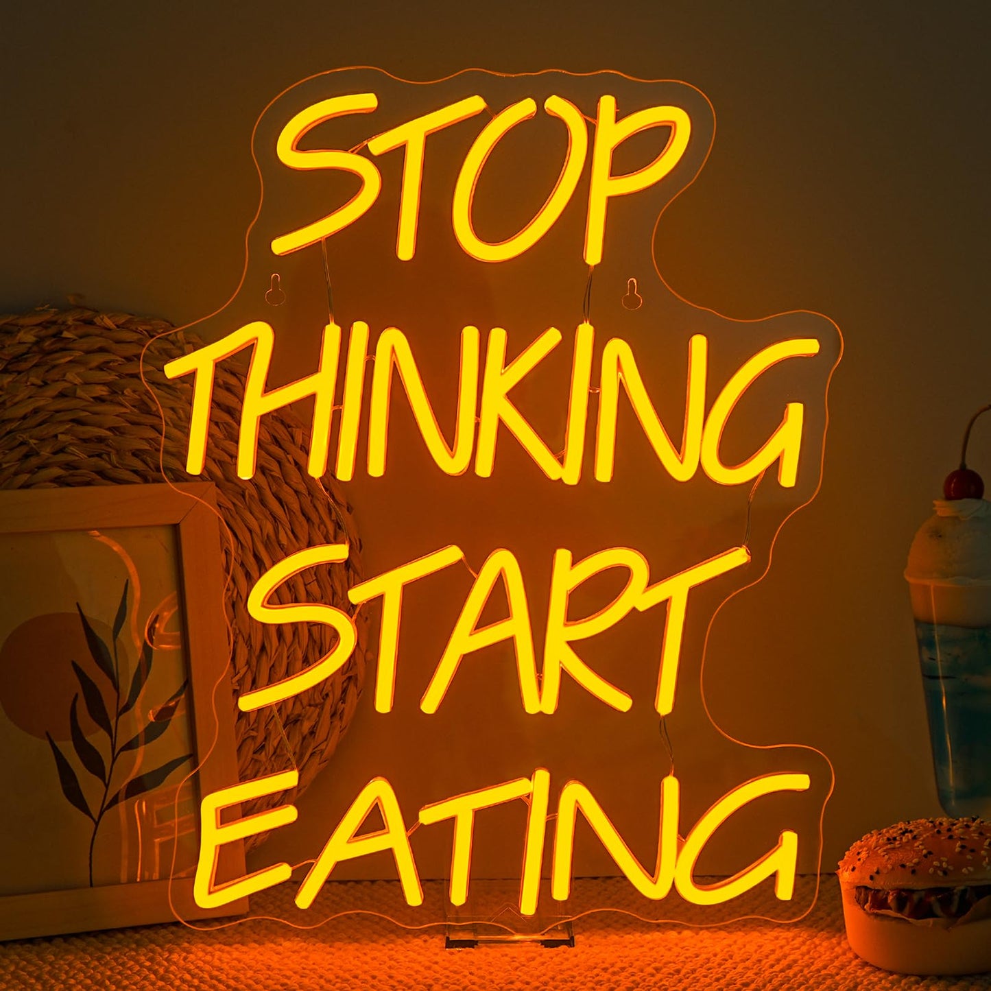 Dreamfort Stop Thinking Start Eating Neon Sign - Fun Led Wall Decor For Restaurants  Kitchens & Food Lovers  Usb-Powered With Adjustable Brightness  Humorous Dining Lighting