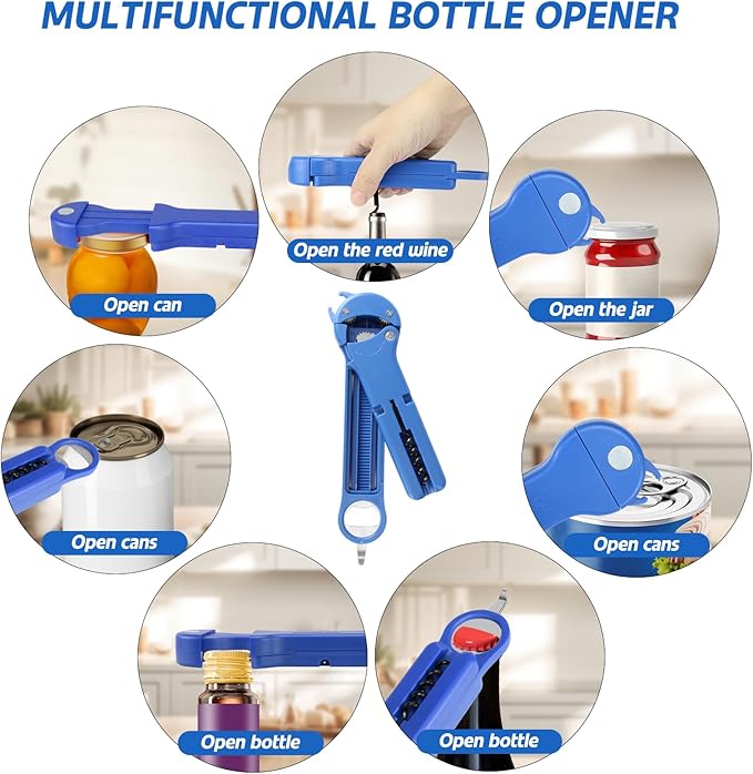 7 in 1 Jar Opener Bottle Opener and Wine Opener for Seniors with Arthritis, Weak Hands, Multi Retractable Magnetic Can Opener, Original Kitchen Lid Opener Tool (Blue)