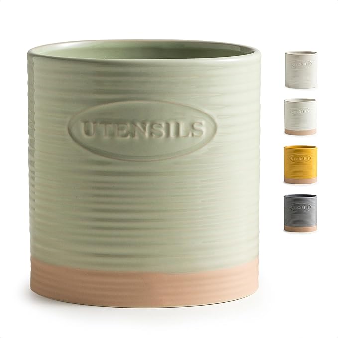 YHOSSEUN Kitchen Utensil Holder, Ceramic Utensil Holder for Kitchen Counter 6.7" Large Cooking Utensil Crock Farmhouse Utensil Organizer Storage, Oval Opening, Green