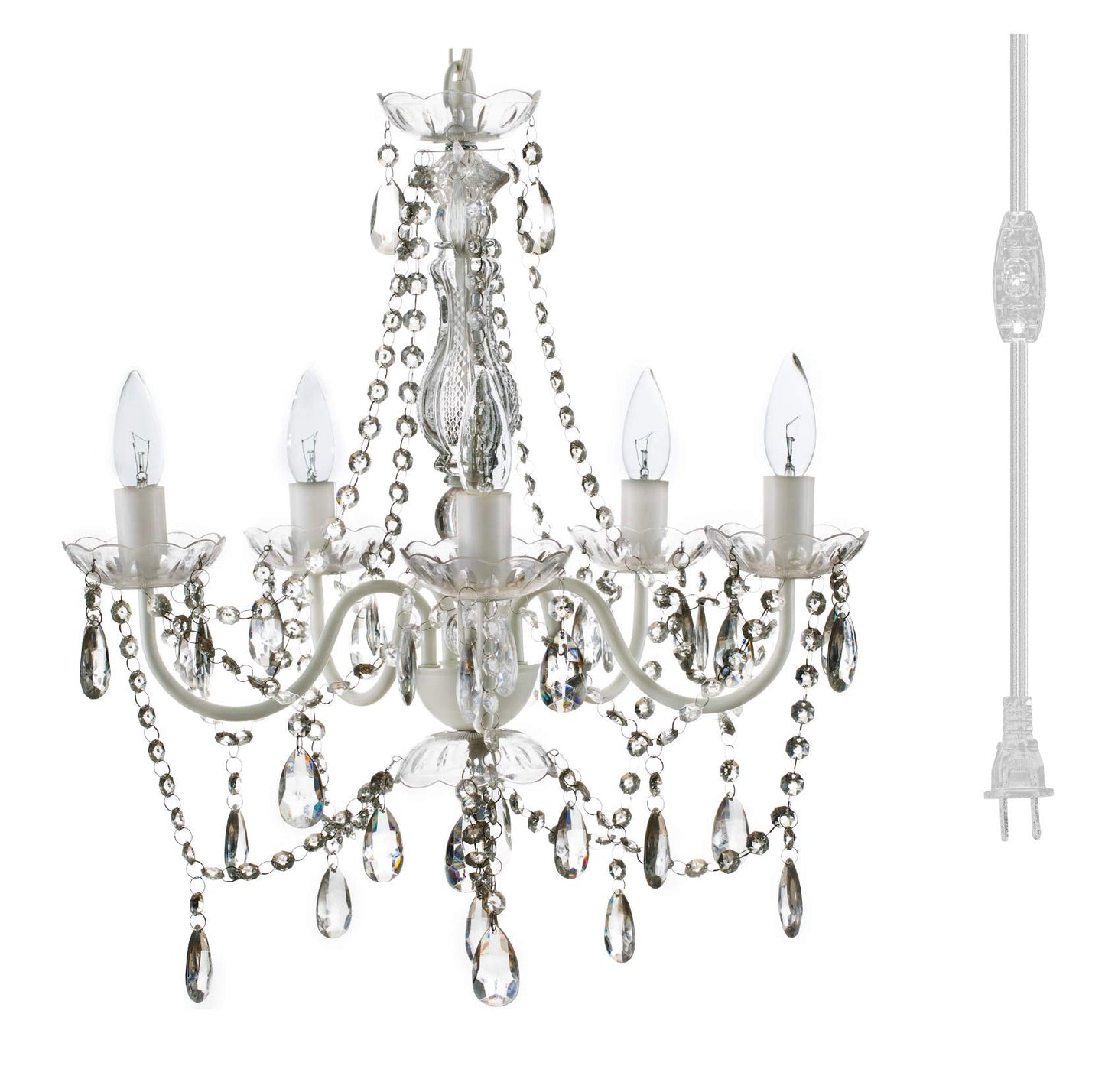 Gypsy Color Plug-In 5 Light Crystal White Chandelier, H21Xw19, Acrylic Crystals, Metal Frame, Model Gymdclp