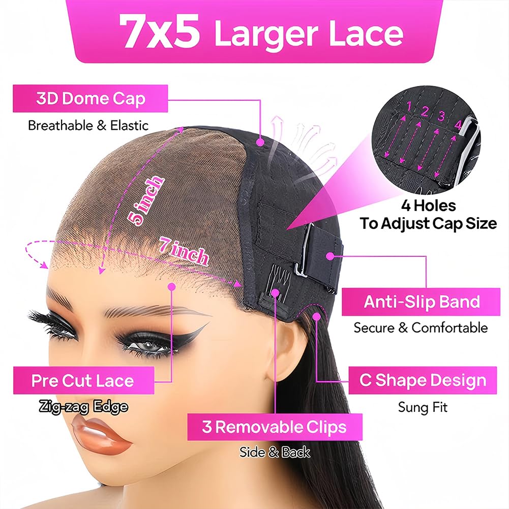 22 inch Curly 7X5 Glueless Wigs Human Hair Pre Plucked Pre Cut Pre Bleached Knots,Wear and Go Water Wave Lace Front Wig with Nat