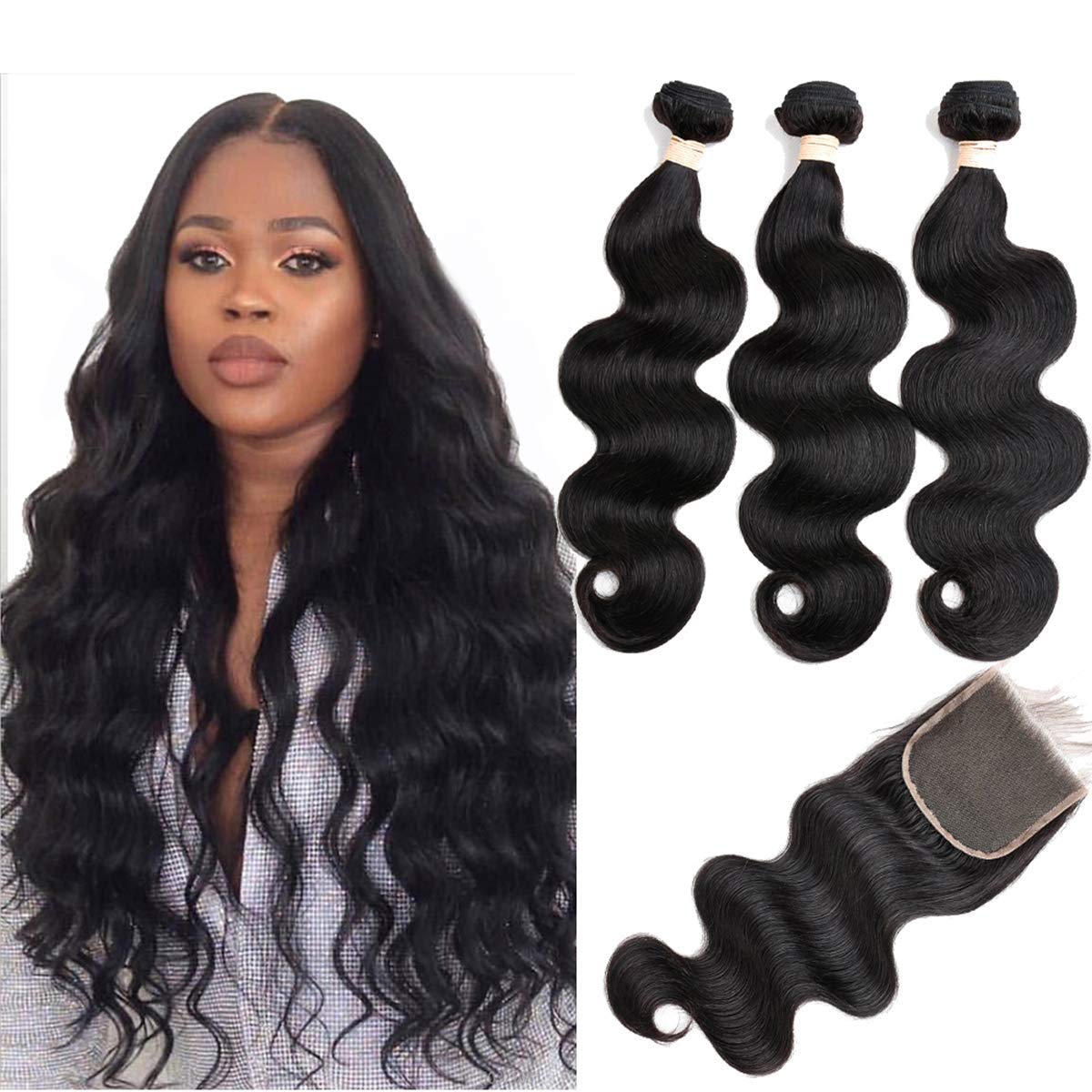 Beauhair Brazilian Virgin Hair Body Wave 3 Bundles with Closure Free Part 12A Unprocessed Brazilian Body Wave Human Hair Weft Ex