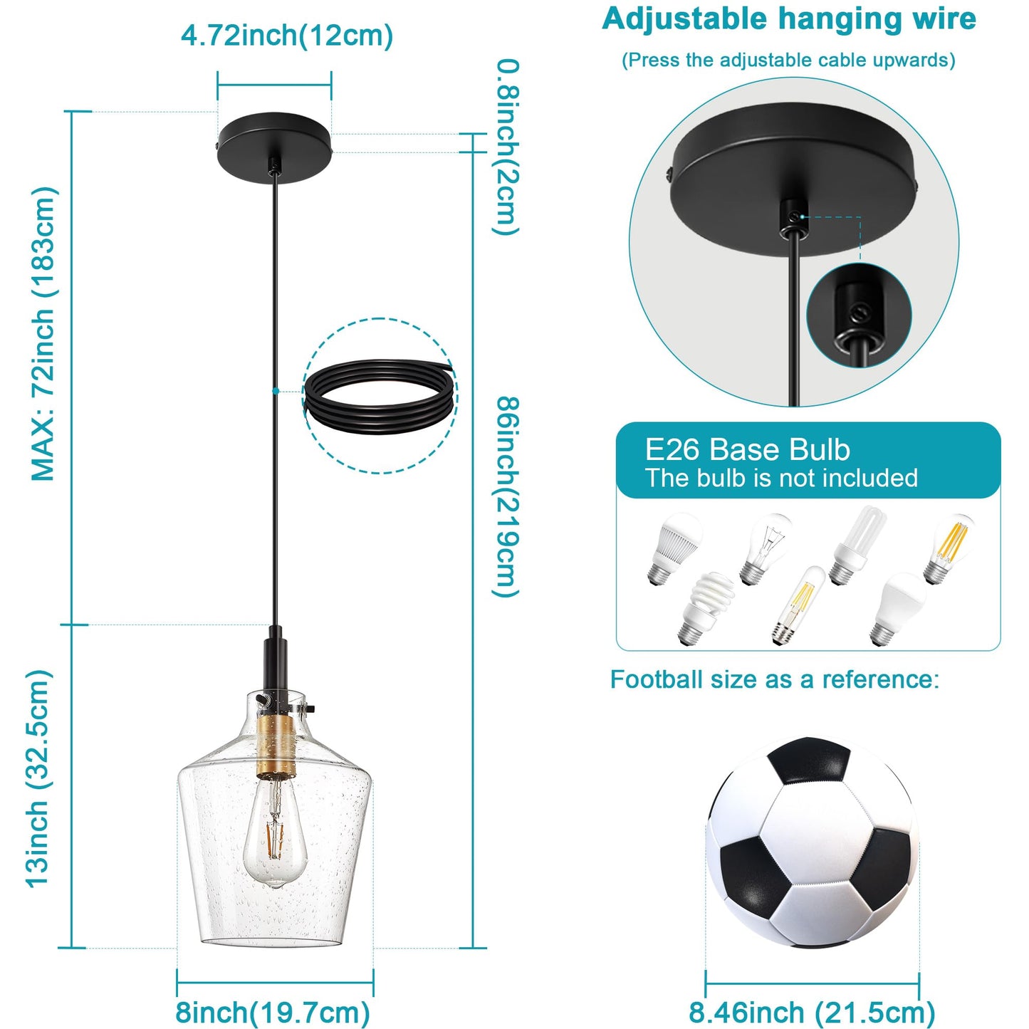 Vaziden Modern Seeded Glass Pendant Lighting For Kitchen Island 1 Pack  Farmhouse Black And Gold Pendant Light Fixtures  Height Adjustable Ceiling Pendant Light  Angled Seeded Glass Shades 8 Inch