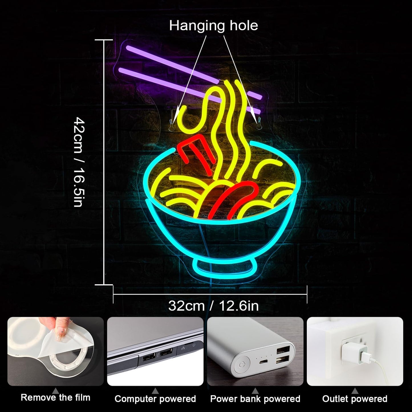 NOSUN Ramen Neon Sign Noodle Neon Signs for Wall Decor Ramen Neon Light Sign Noodle Light Up Sign for Kitchen Restaurants Fast Food Powered by USB Multi Colored Lights for Restaurant Ramen Shop Window