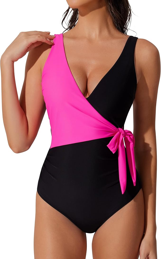 RXRXCOCO Women's Tummy Control One Piece Swimsuits Ruched Wrap V Neck Bathing Suit Slimming Swimwear