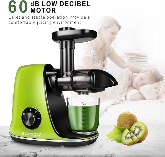 CIRAGO Horizontal Cold Press Juicer, Two Speed Adjustments, Slow Masticating Juicer Extractor, Easy to Clean, Silent Motor, Suitable for Vegetables and Fruits, BPA Free (Green)