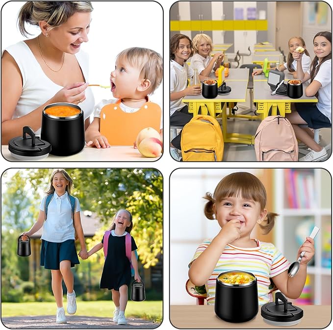 Kids Thermo for Hot Food 20oz Lunch Containers with Buckle Lid Wide Mouth Hot Food Jar Vacuum Insulated Stainless Steel Bento Box Leakproof with Spoon(Black)