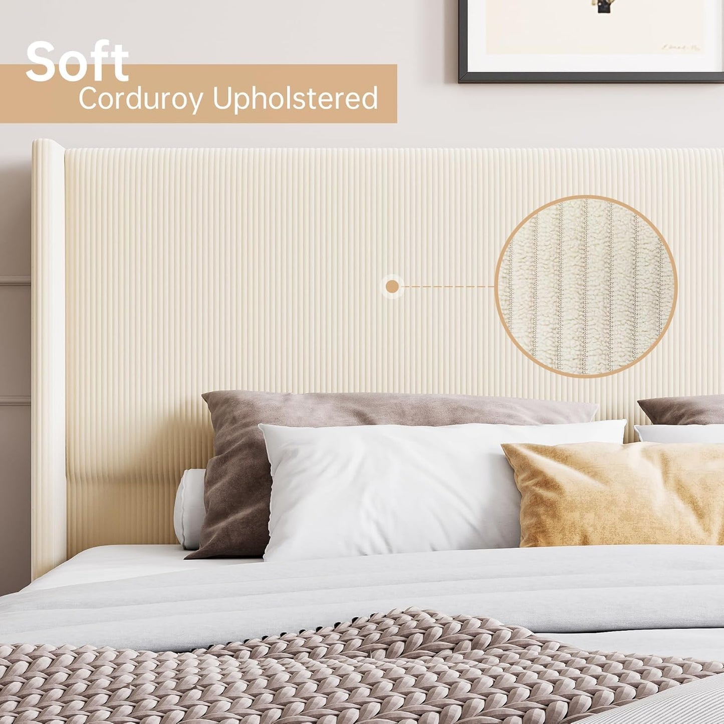 GarveeHome Full Size Bed Frame, Upholstered Platform Corduroy Bed Frame with Vertical Channel Tufted Wingback Headboard, Strong Wooden Slats, No Box Spring Needed, Easy Assembly, Creamy Beige