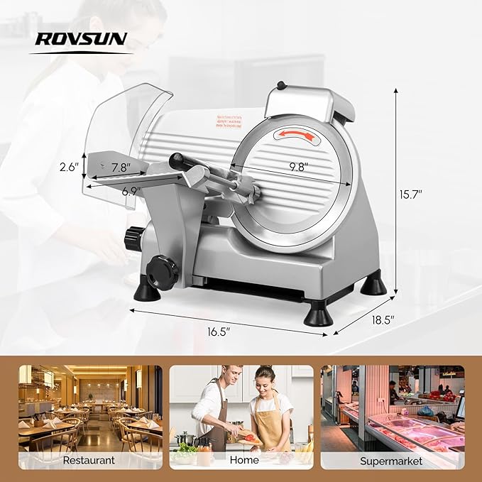 ROVSUN 240W Commercial Meat Slicer, 10inch Electric Meat Slicer Machine with Adjustable Thickness(0-13mm), Frozen Meat Deli Cheese Food Slicer with Upgraded Carbon Steel Blade for Home and Commercial