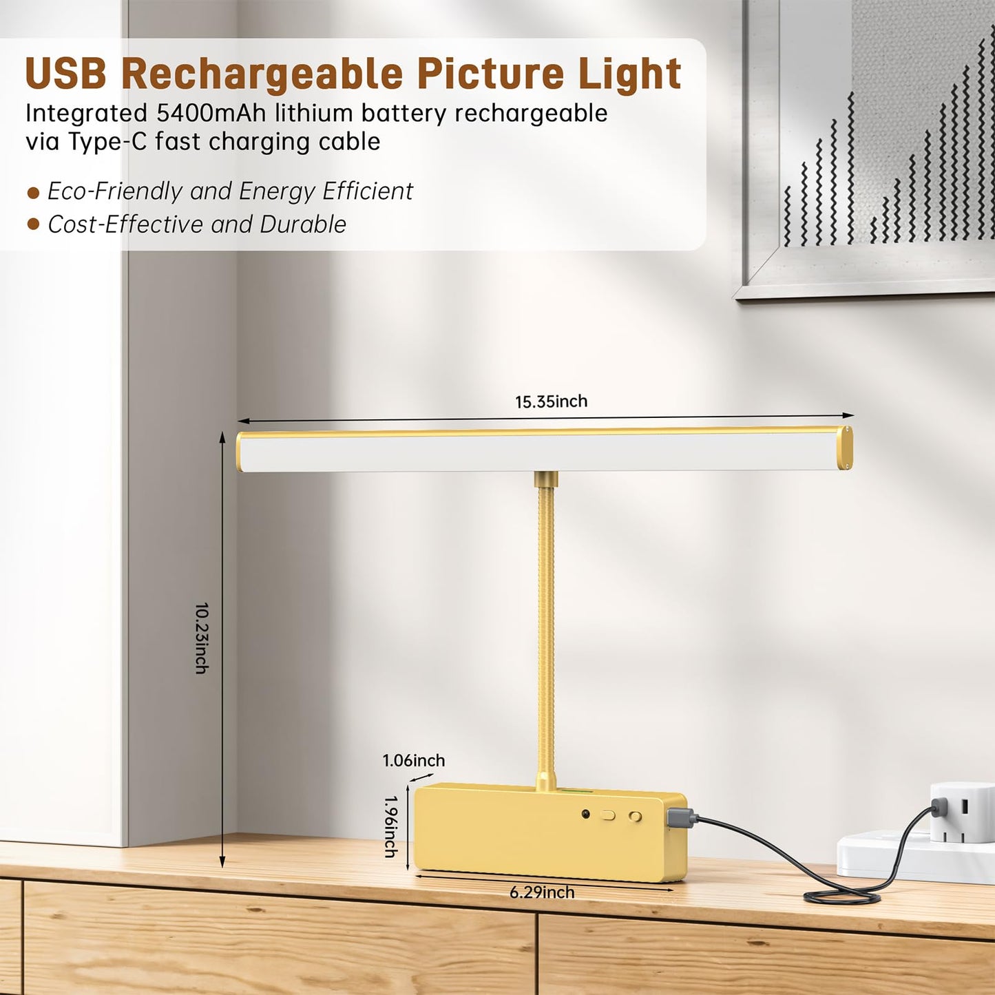 Picture Light, 15.35inch Wireless Picture Lights for Wall Rechargeable, 5400mAh Battery Wall Light with Remote, 3 Color Art Lighting for Paintings with Timer and Dimmable for Display, Gallery (Gold)