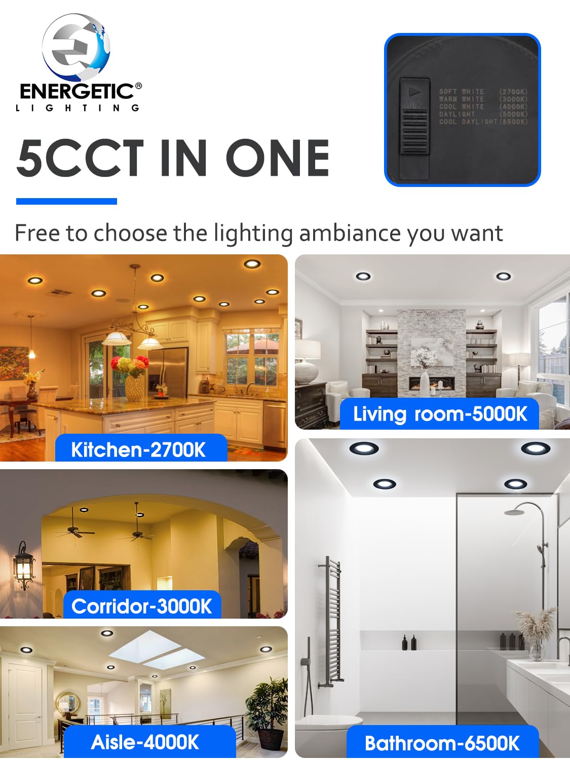 6 Pack 5/6 Inch 5Cct Black Led Recessed Lighting Retrofit  2700K/3000K/4000K/5000K/6500K Selectable  Dimmable Can Lights With Baffle Trim  12W=150W  High Brightness 1000Lm  Wet Rated  Etl Certified
