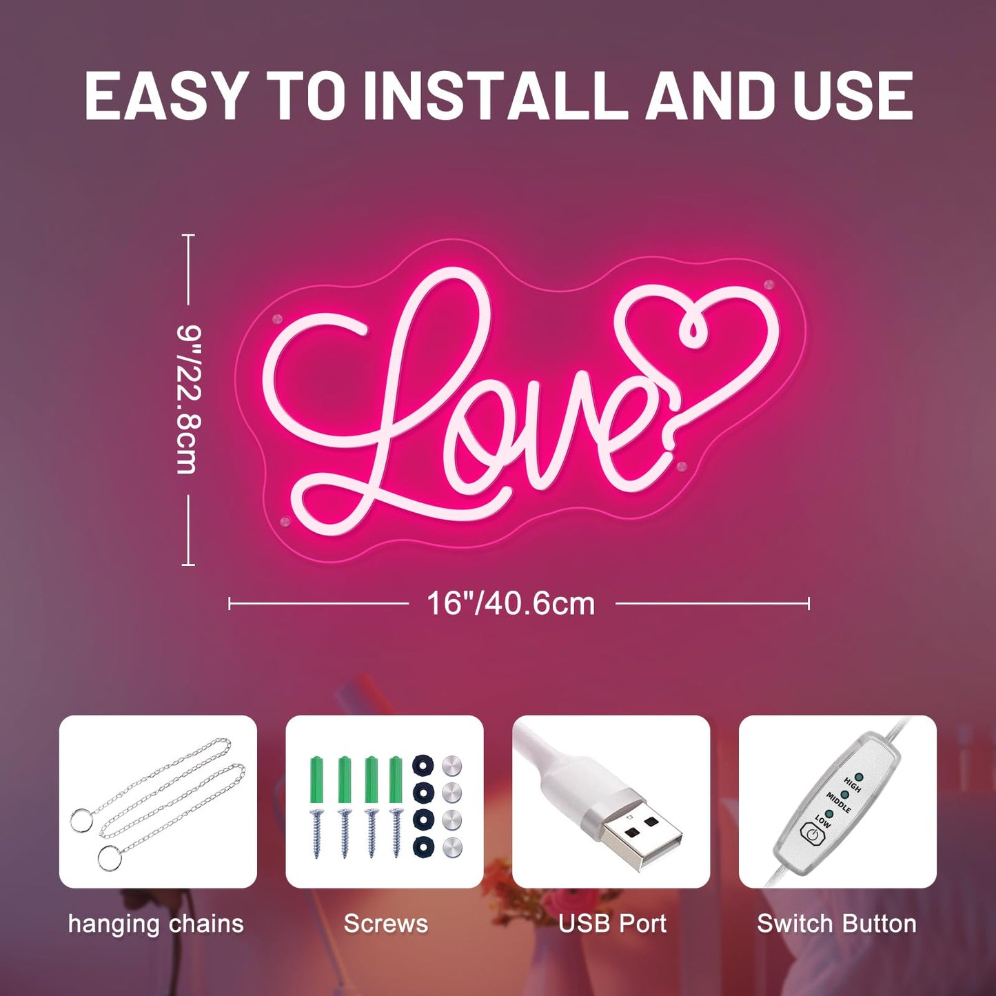 Love Heart Neon Sign 16X 9 In 3 Levels Dimmable Usb Love Neon Lights For Wall  Kids Bedroom  Wedding Party Decoration Neon Light  Gift For Kids  Girlfriend  ValentineS Day