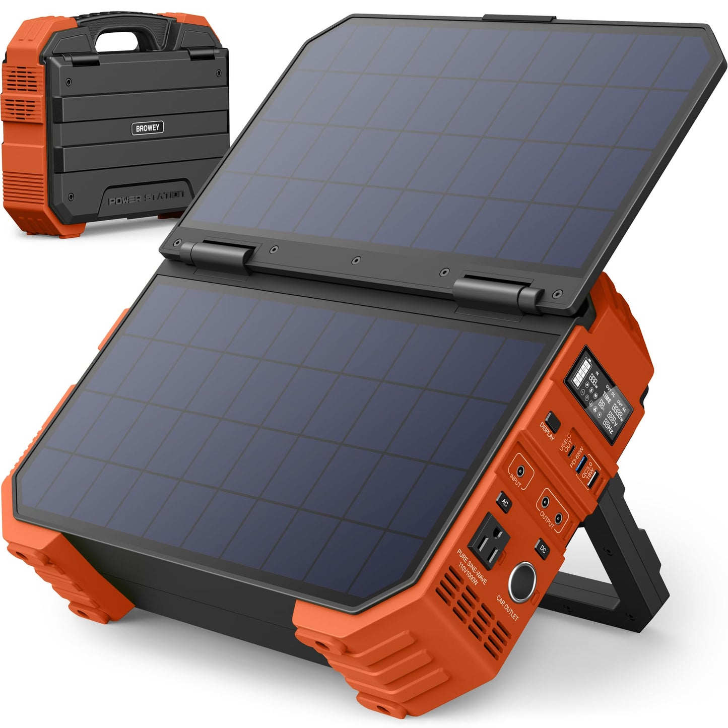 BROWEY 1000W Portable Power Station - 614WH Solar Generator with Built-in Panel, AC/DC/USB Outputs, Orange, Model DS-S1000