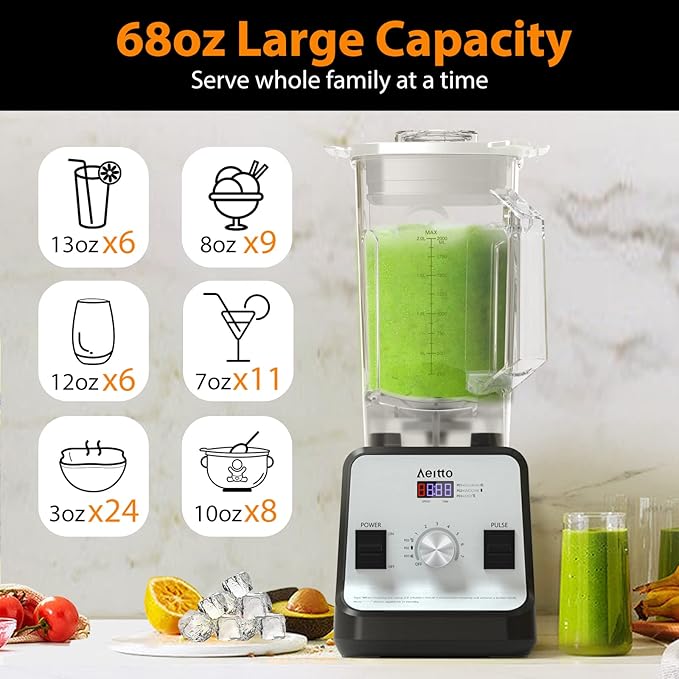Aeitto Blender with 1500-Watt Motor, 68 Oz Large Capacity Blenders for Kitchen, Professional Countertop Blenders for Ice Crush, Frozen Drinks, Silver