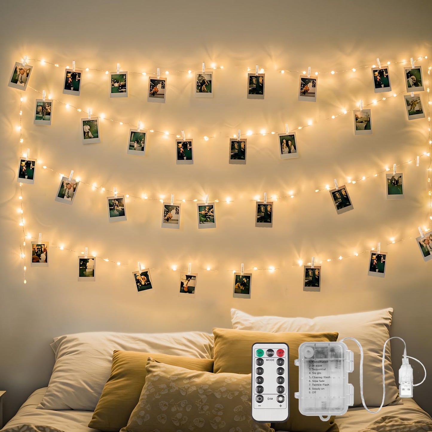 SUDDUS Fairy Lights 16ft 50LED, Warm White, Battery/USB Operated, Photo Clips, Remote Control, Waterproof for Indoor Outdoor Decor