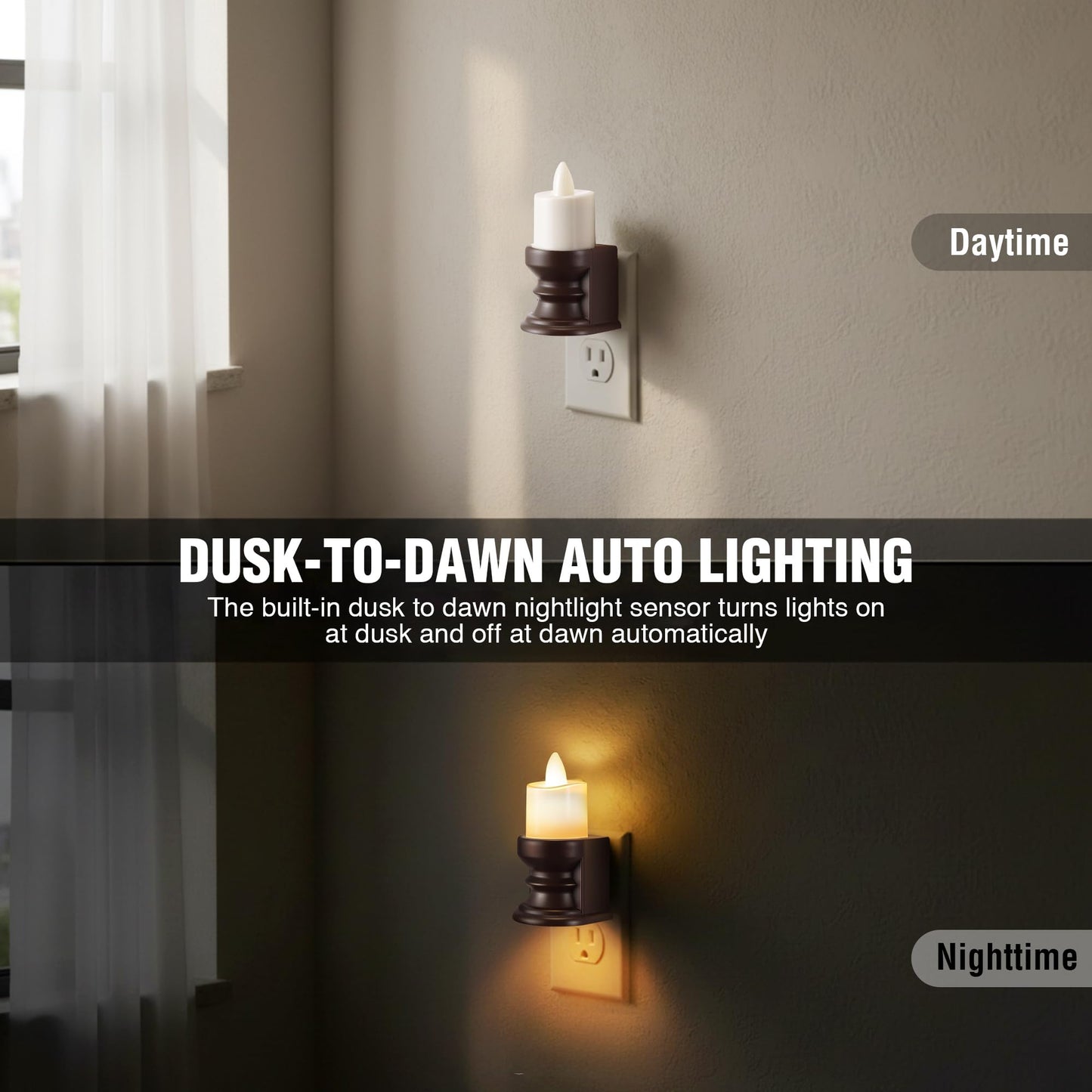 Meonum Flickering Flameless Candle Night Light Plug in, Dimmable LED Nightlight with Dusk to Dawn Sensor, Decorative Candle Light for Bedroom, Hallway, Bathroom(4 Pcs,Warm Yellow & Brown Base)