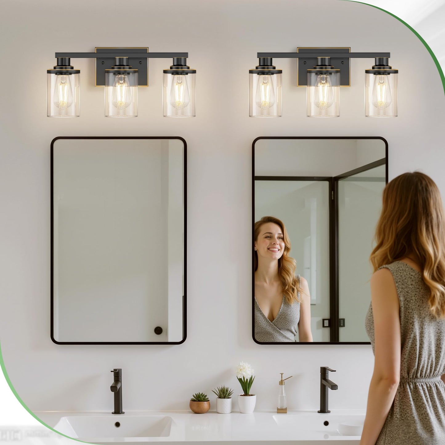 Doresshop 17 Inch Bathroom Light Fixtures  3-Light Black With Gold Trim Bathroom Lighting Fixtures Over Mirror With Clear Glass Shade  Vanity Lights For Living Room Bedroom