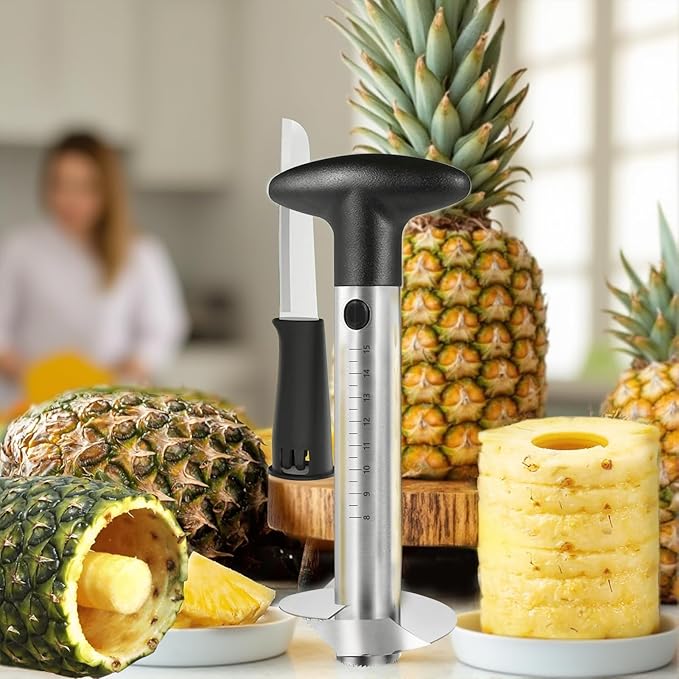 YYP Pineapple Corer and Slicer with Measurement Marks – Stainless Steel Pineapple Cutter for Perfect Pineapple Rings & Effortless Cutting (Black)