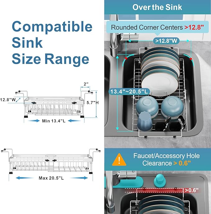 GSlife in Sink Dish Drying Rack - Large Stainless Steel Capacity Expandable Dish Drainer with Sink Protector, 13.4"~20.5'' L x 12.8'' W x 5.7'' H, Silver