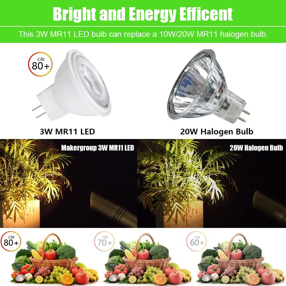 Makergroup MR11 Bi-pin LED Light Bulb 3W Warm White 2700K-3000K 2 Count for Outdoor Landscape and Indoor Recessed/Track Lighting