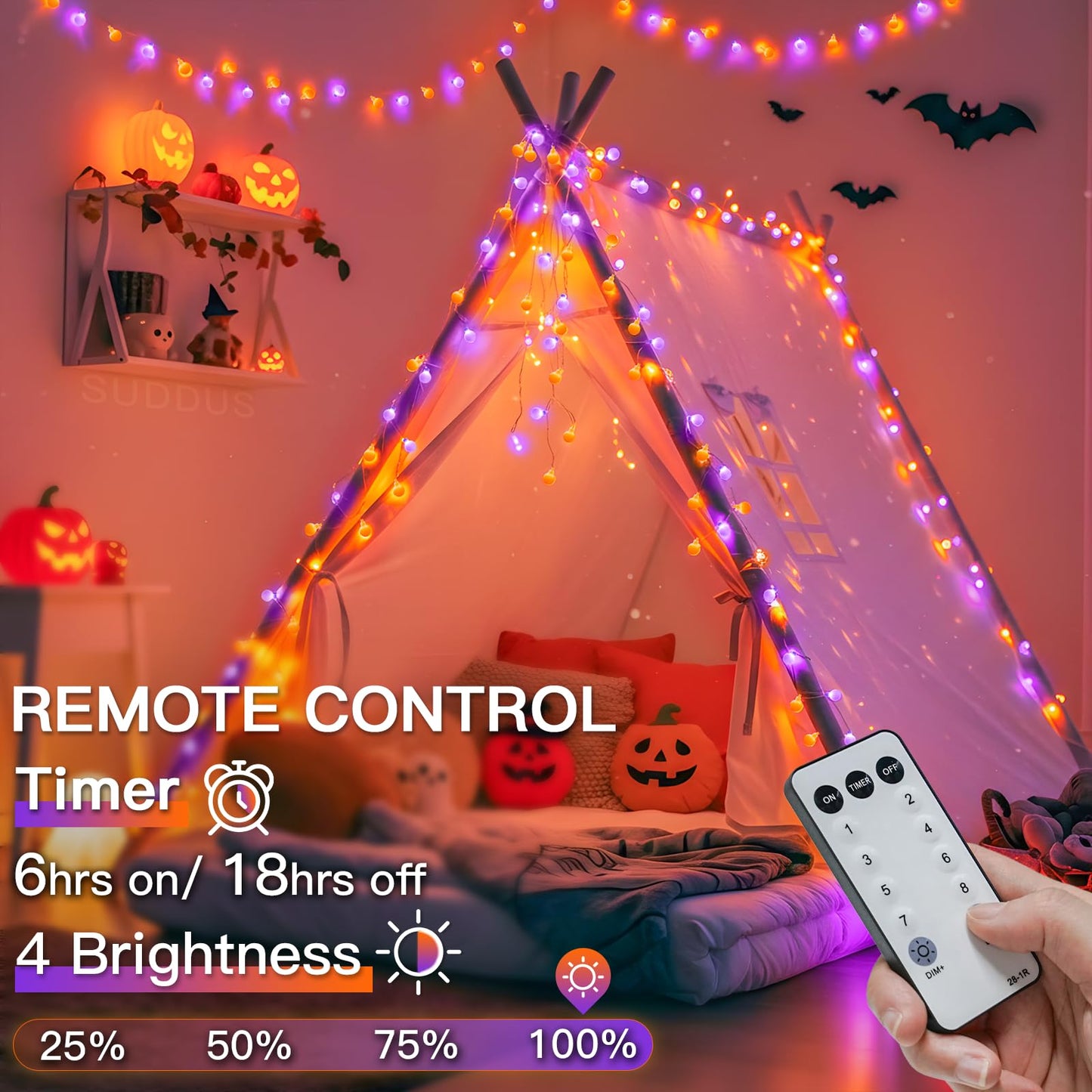Suddus Halloween Lights Indoor With Remote  33Ft 100 Led Purple And Orange Globe String Lights  Fairy Lights Plug In With 8 Lighting Modes For Bedroom  Home  Office  Halloween Decorations