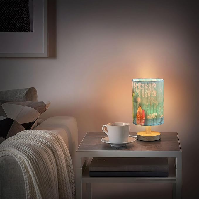 Table Lamp Colorful Surfboard Palm Tree Graphic Blue Wooden Summer Ocean Nightstand Lamp with Wood Base Fabric Lamp Shade Bedside Desk Lamp for Living Room Bedroom Kids Room Office