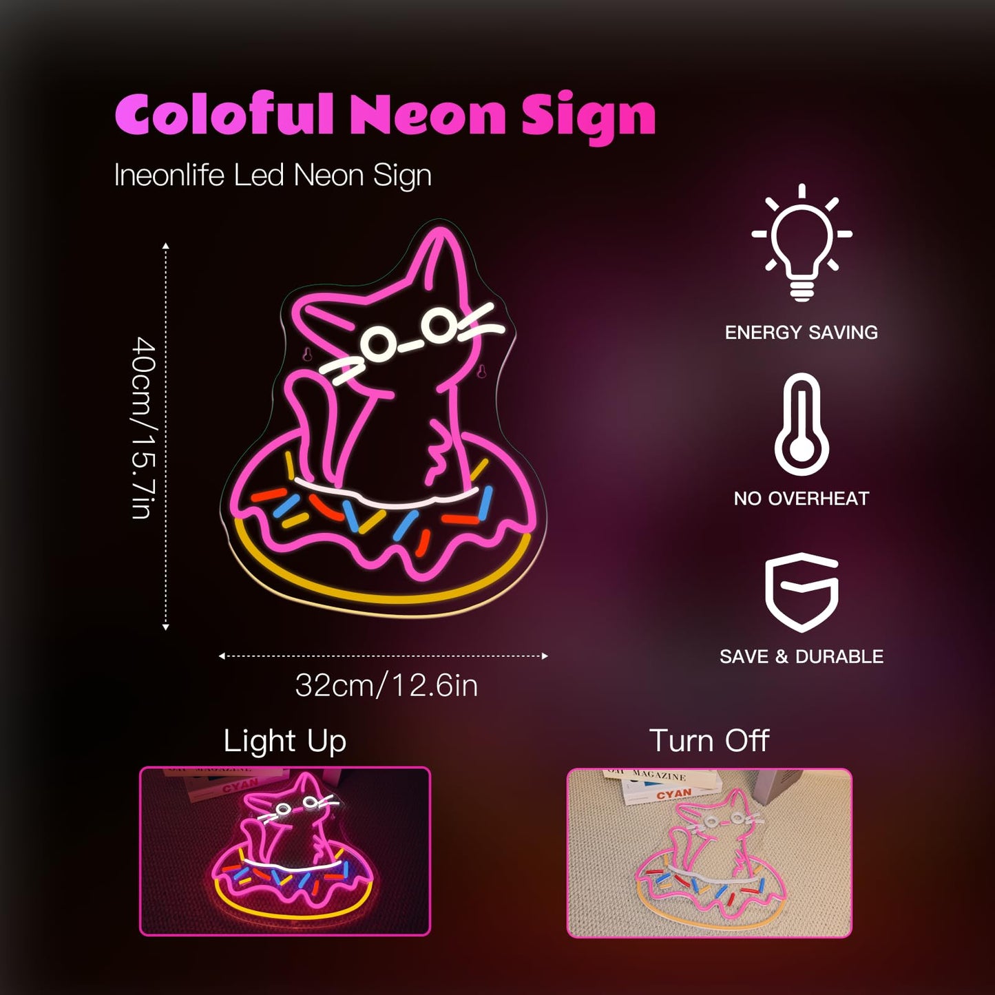 Ineonlife Donut Cat Neon Sign Led Lights Neon Lights For Wall Decor Led Sign For Donut Shop Cat Lover Donut Bakery Snack Shop Classroom Bedroom Cafe Gifts For Teens