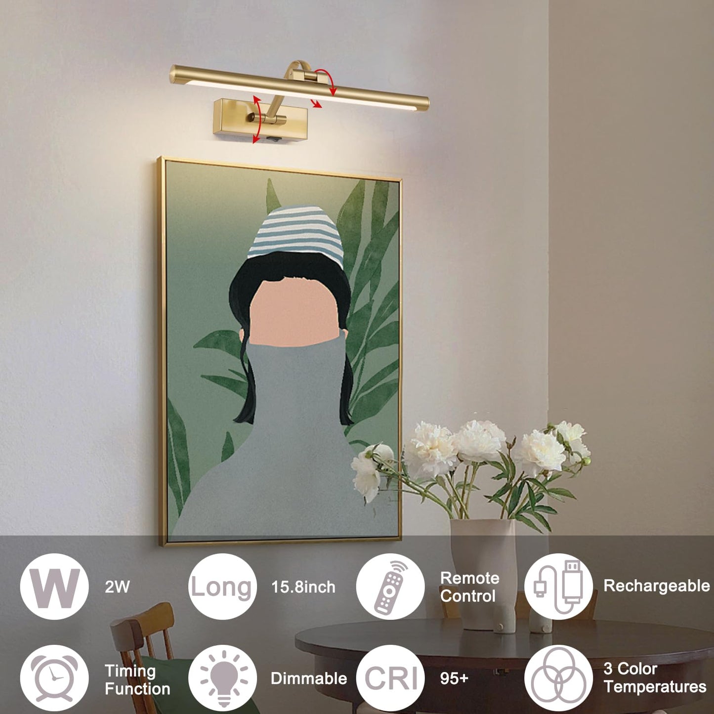 Wireless Picture Lights For Wall Battery Operated Brass Art Light For discomfort-reducingtings With Remote 3Cct Dimmable Potrait Lighting Rotatable Display Lighting 16 Rechargeable Wall Lamp For Frame Dartboard