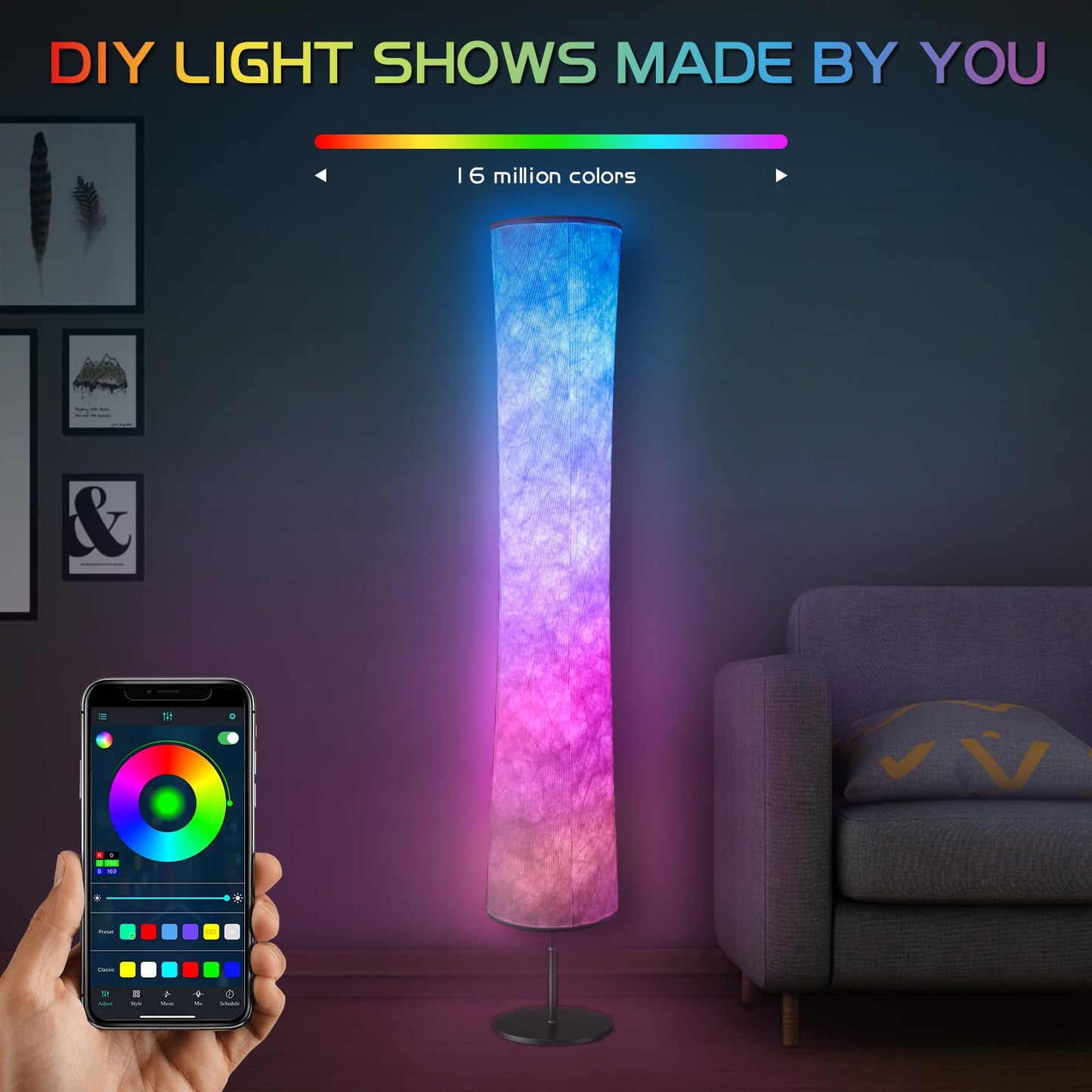 Torchlet RGB Color Changing Floor Lamp, Smart Lamp with DIY Mode, Fabric Shade, Round Design for Living Room and Bedroom