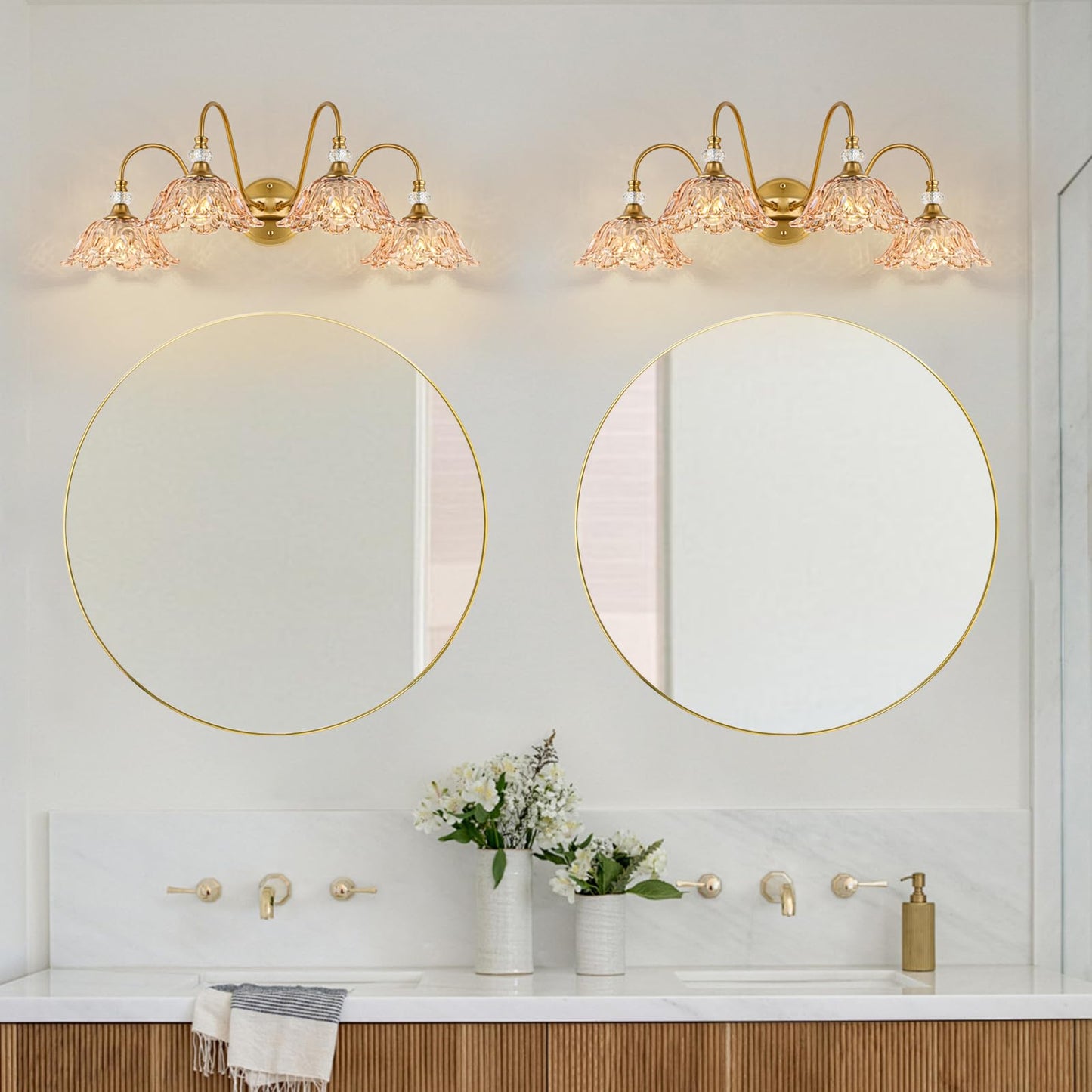 Sunkryster Vintage Bathroom Vanity Light  4-Light Matte Brass Finish Vanity Light With Floral Amber Glass Shades  Retro Wall Mount Lighting For Bathroom  Dressing Table