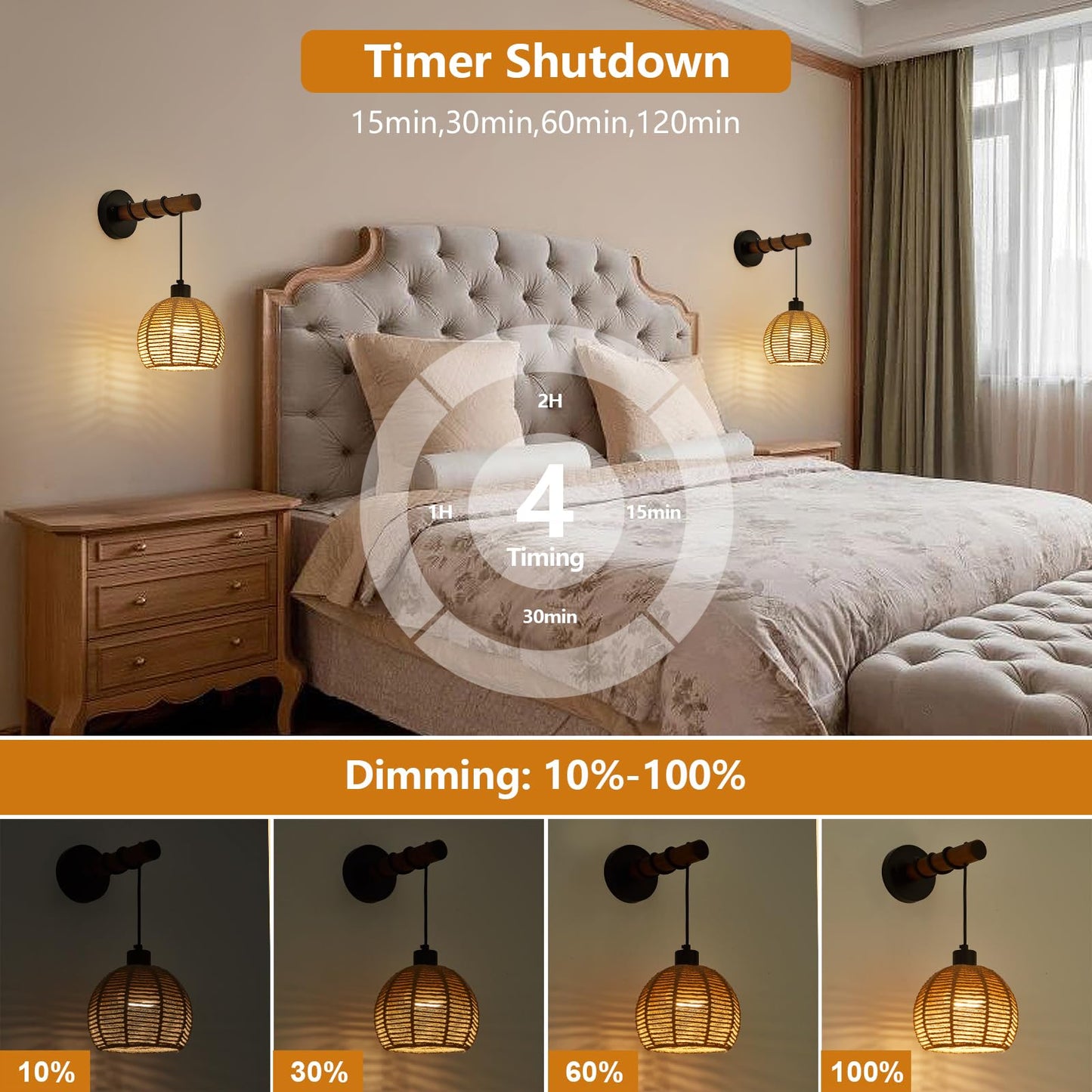 SGLfarmty Battery Operated Wall Sconces Set of 2, Dimmable Hemp Rope & Wooden Arm, Rechargeable, Remote Control, Farmhouse Style