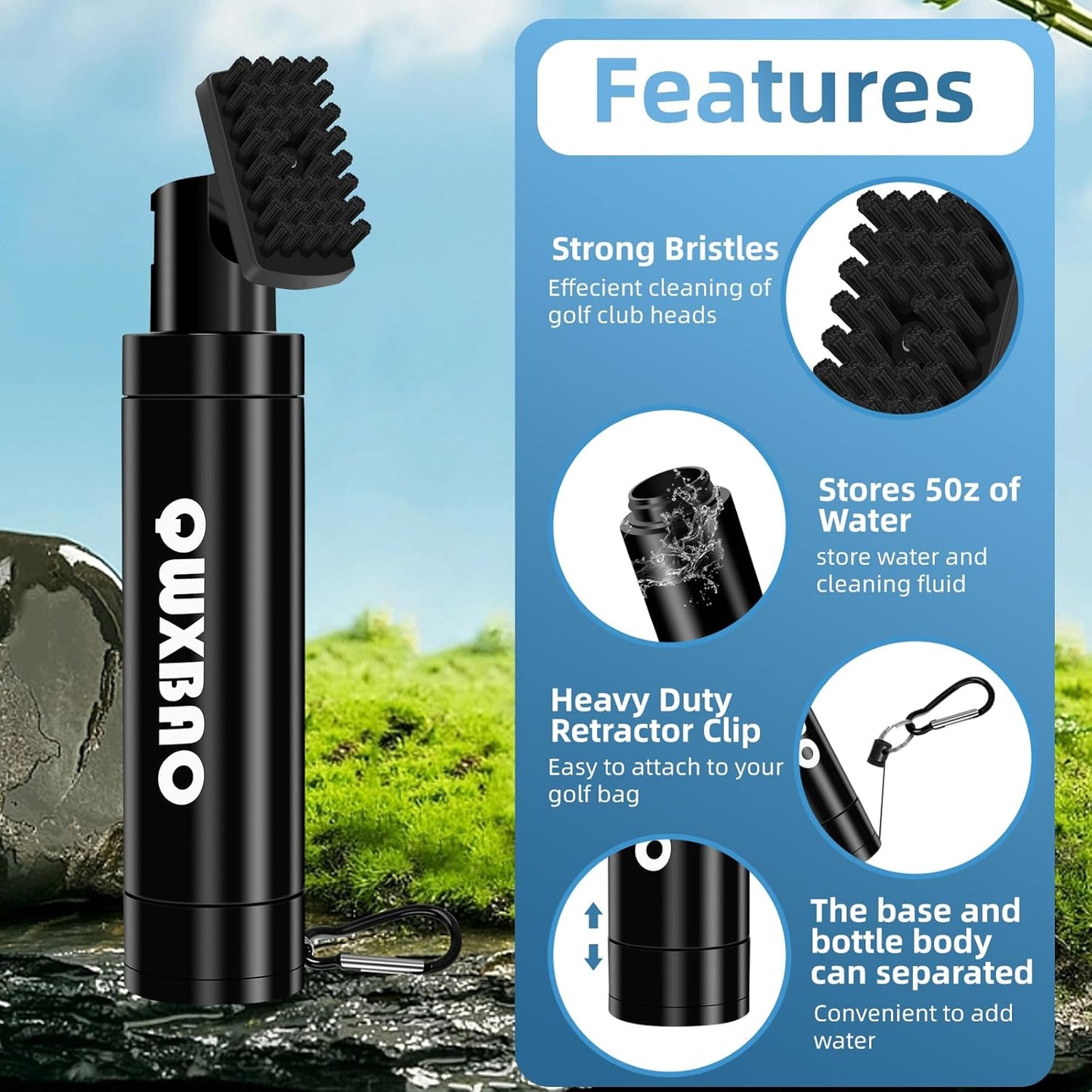 The Golf Club Brush Features a Press-Activated Water Bottle for Effortless Cleaning. Combining Portability with Cost-Effectiveness, This Gender-Neutral Design Makes an Ideal Gift for Players.