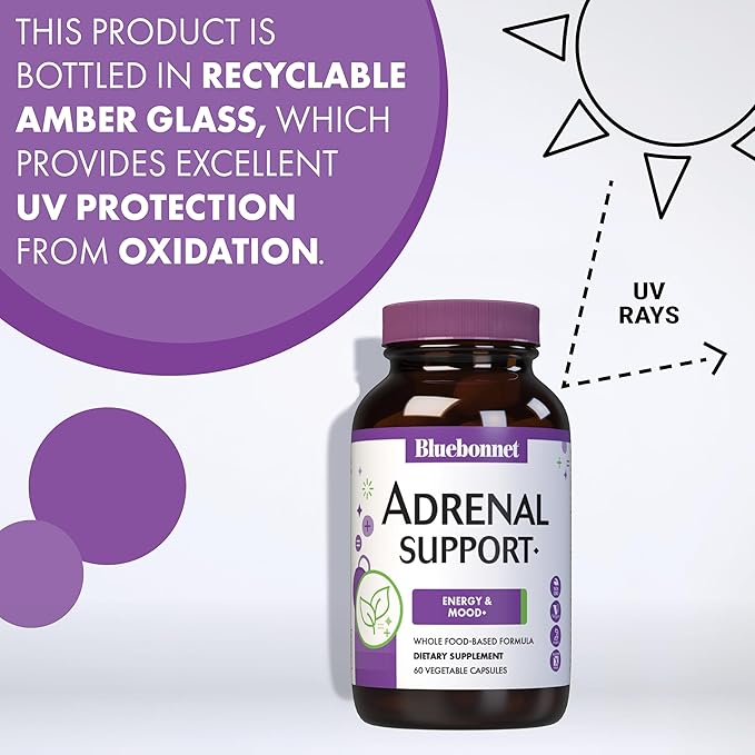 Bluebonnet Nutrition Adrenal Support, Energy & Mood*, Non-GMO, Vegan, Kosher Certified, Gluten-Free, Soy-Free, Dairy-Free, 120 Vegetable Capsules, 60 Servings