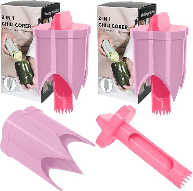 Pepper Corer, 2 in 1 Red Bell Pepper Seed Corer Remover Tool, Fruit & Vegetable Corers Quick Cave Tools for Jalapeno Cutter Deseeder, Red Peach, 2 PCS