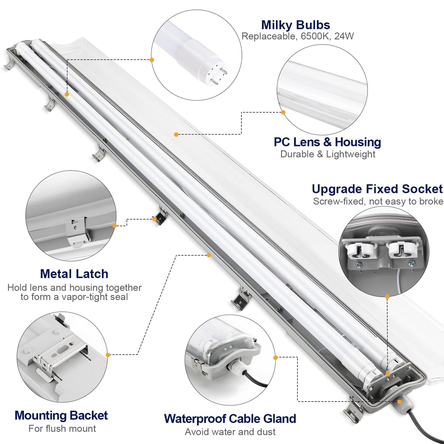 Brillihood 4Ft Led Vapor Tight Light Fixtures, 48W, 4200Lm, Ip65 Waterproof, White, 2-Pack, Model Lg07O-12D