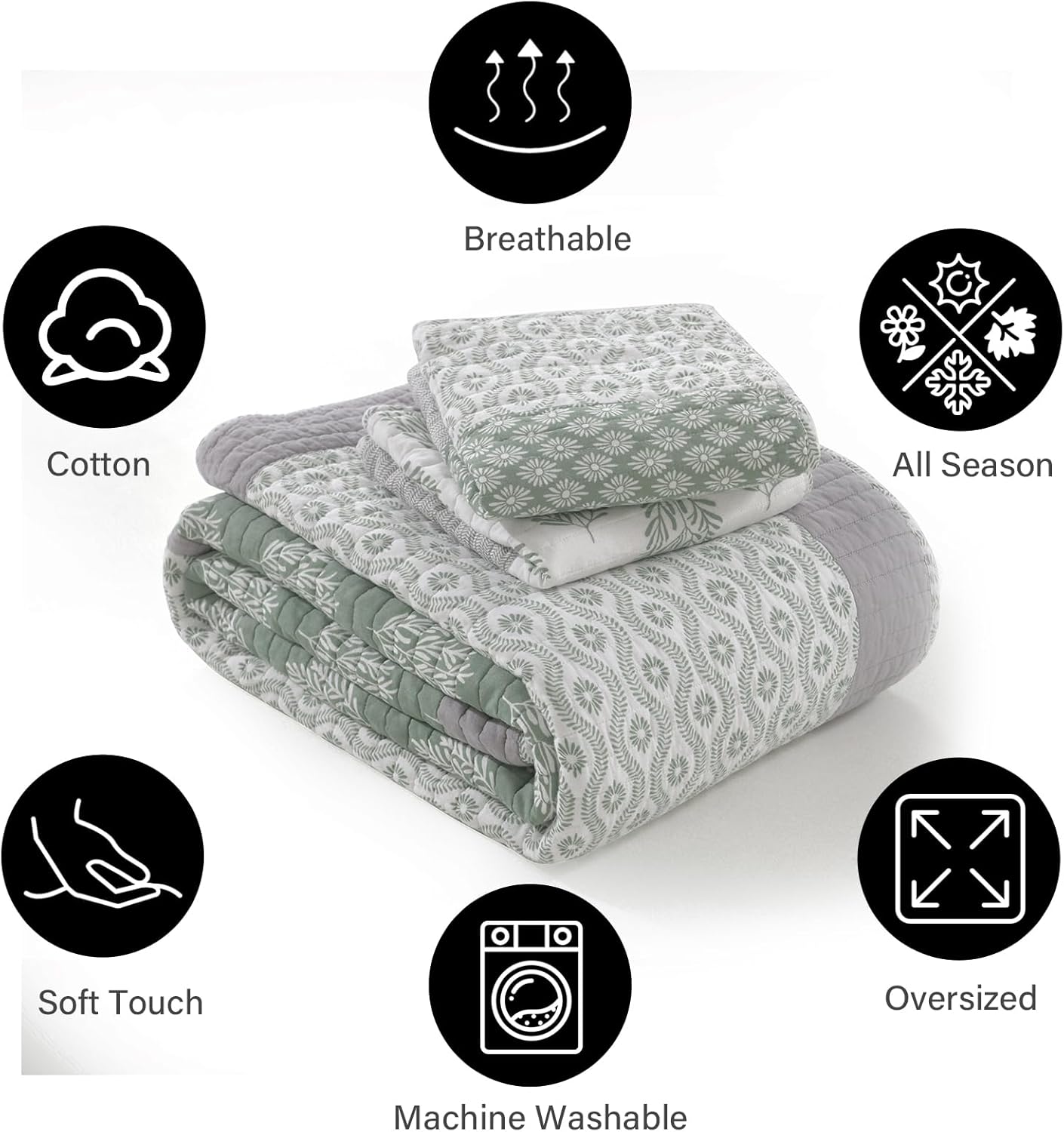 PANGUSHAN Quilt Set Queen Size, 100% Cotton Bedspread Quilt Bedding Set, Patchwork Reversible Floral Quilt for Queen Bed, Greyish-Green Bed Spread, Lightweight Comforter for All Season, 3 Pieces