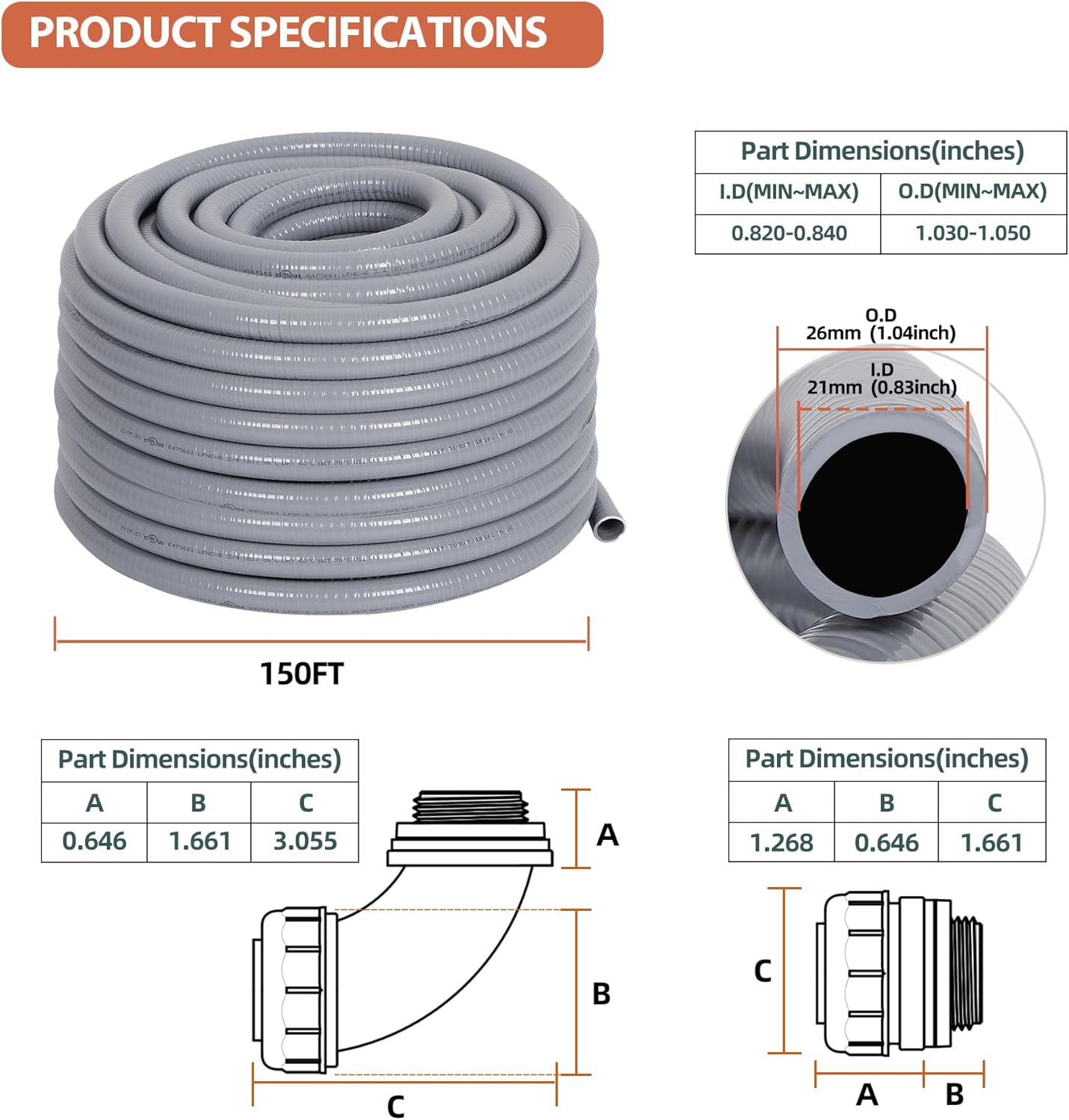 Liquid-Tight Conduit 3/4 150ft, Electrical Conduit w/UL Certification, Flexible Conduit with 5 Straight and 5 90-Degree Conduit Connector Fittings Gray