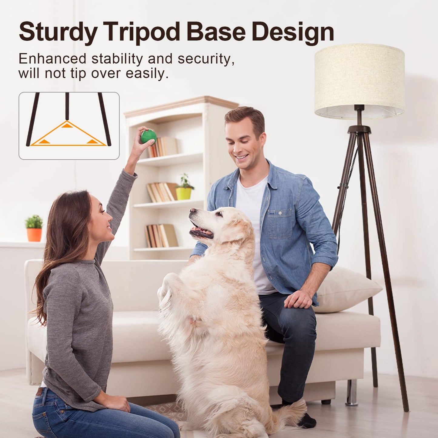 OUTON Wood Tripod Floor Lamp - Mid Century LED Dimmable with Remote, 4 Color Temperatures, Dark Walnut, Sturdy Beige Linen Shade
