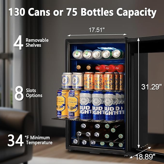 Tylza 130 Cans Beverage Refrigerator Cooler, 3.22 Cu.Ft Beverage Cooler with Low-E Glass Door, Safety Lock, Beverage Fridge for Soda, Beer, Wine, Mini Fridge for Home, Office, Bar, Bedroom, Black