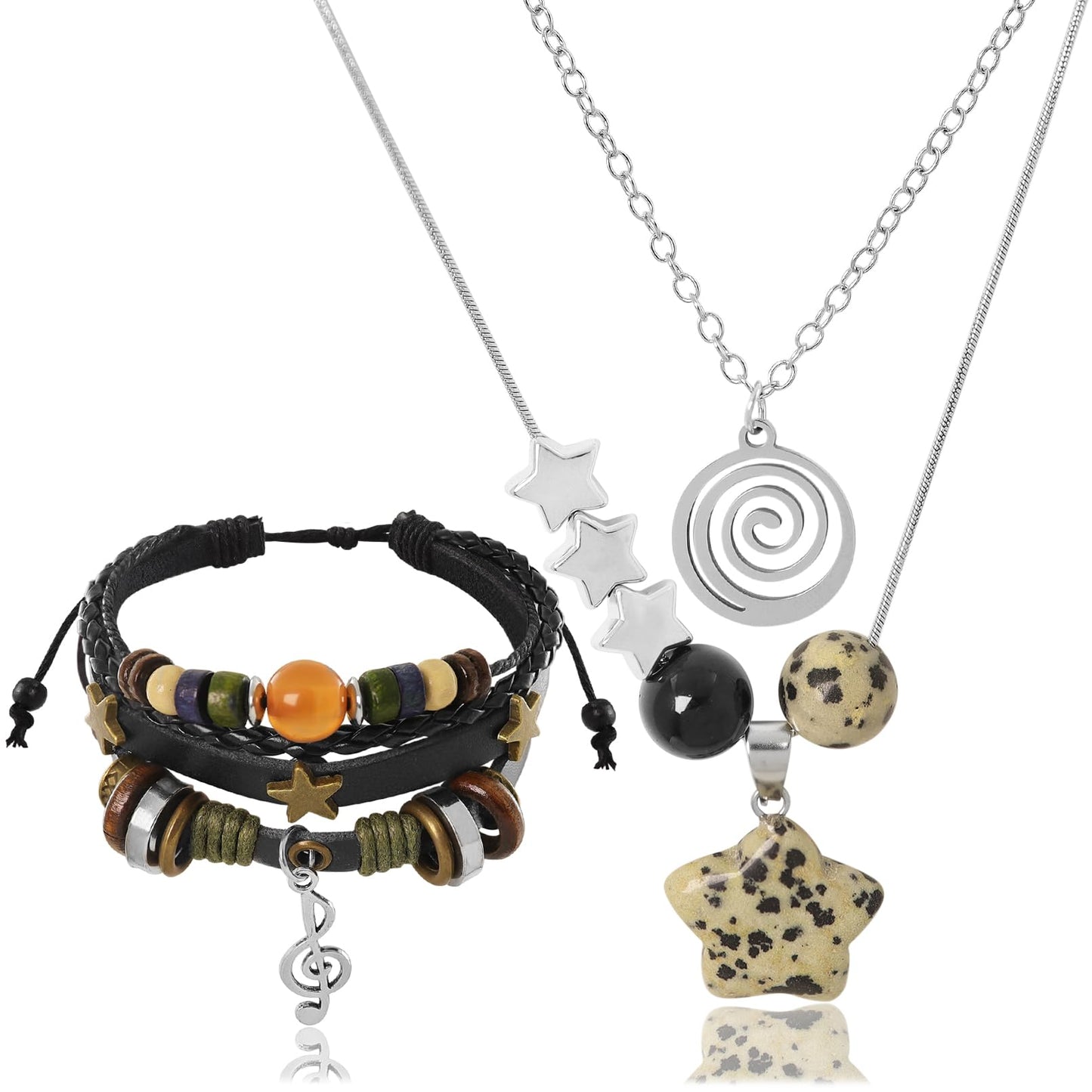 Multilayer Y2k Star Necklace Fairy Grunge Bracelets Set Handmade Fairycore Grunge Jewelry Gothic Swirl Star Necklace Punk Rock Roll Music Guitar Grunge Accessories for Women Men Swirl