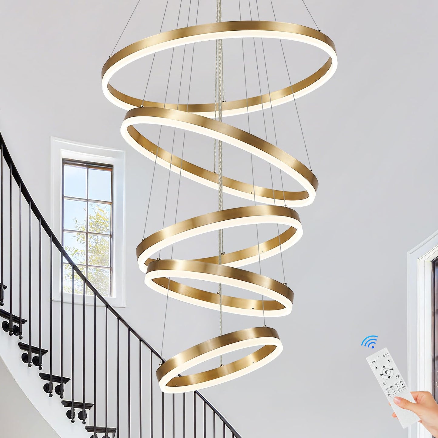 Sparklelf Modern LED Chandelier - Dimmable Gold 5-Rings 23.6in, Remote Control, 3000K-6500K, for Foyer, Dining Room,