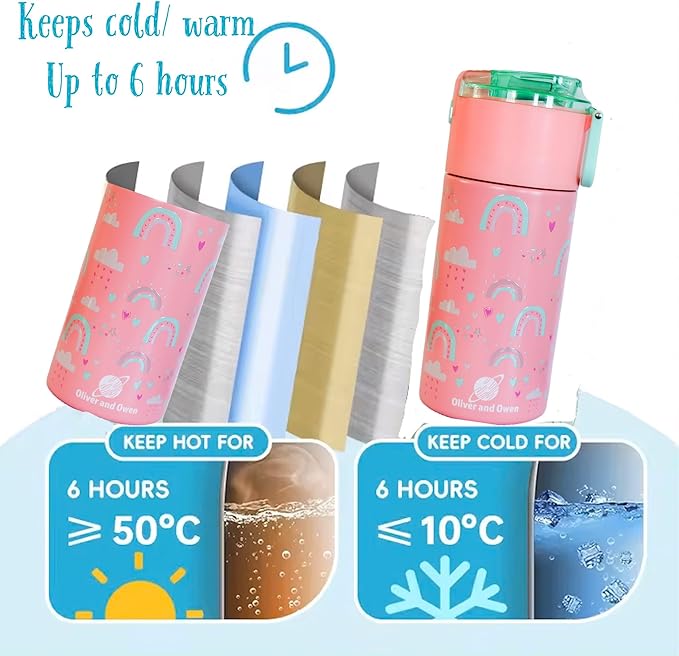 Kids insulated water bottle with straw and snack cup. Double wall stainless steel 14oz (black and green space)