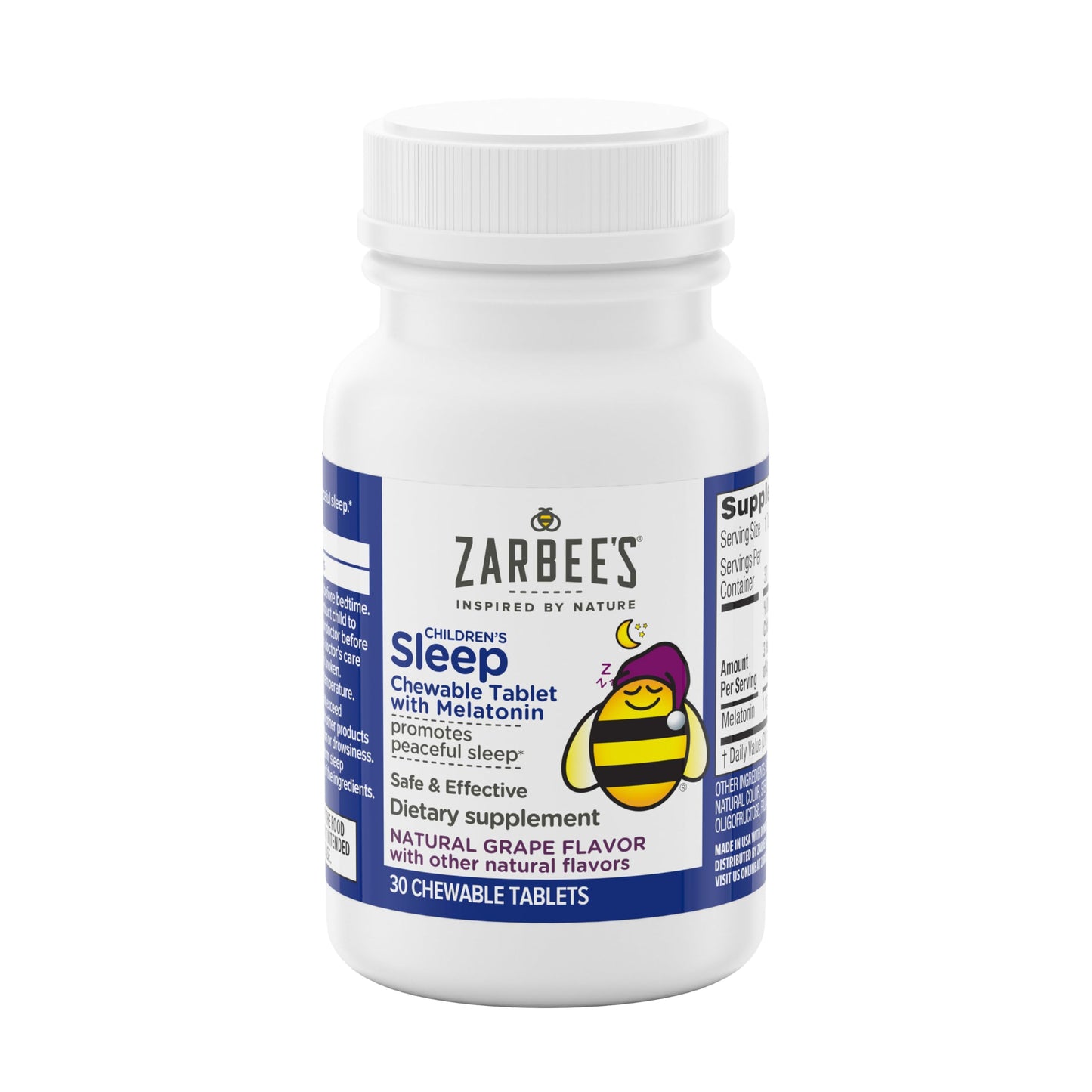 Zarbee's Kids 1mg Melatonin Chewable Tablet, Drug-Free & Effective Sleep Supplement, Easy to Take Natural Grape Flavor Tablets for Children Ages 3 and Up, 30 Count