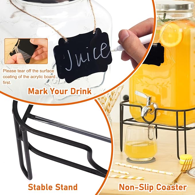 Moretoes Glass Drinks Dispenser for Parties, 2 Gallon Beverage Dispenser with Stand for Juice and Iced Tea, Water Jug Dispenser for Lemonade, Party Essential Beverage Pitcher with Spout