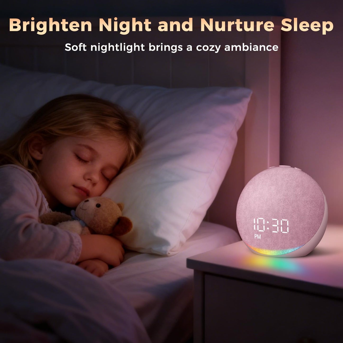 Sound Machine Alarm Clock for Bedroom: 25 Natural Sleep Sounds - White Noise Machine for Adults Kids Baby - Gentle Wake Up Alarm with Bluetooth Speaker - Pink