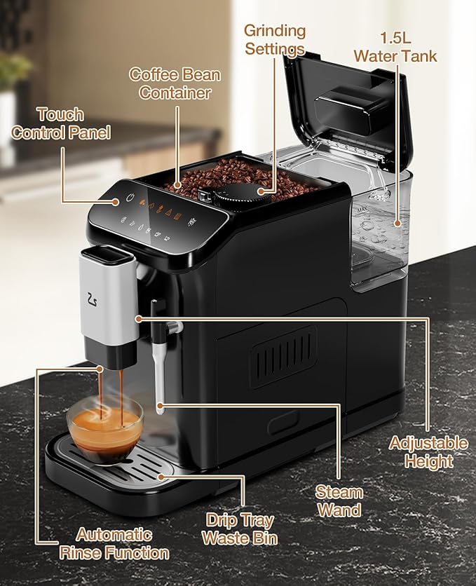 PeakPursuit Super-Automatic Espresso Machine, Grinder and Milk Frother, 20 Bar Pressure, Touchscreen Coffee Maker, 1.5L Removable Water Tank, One-Touch Cappuccino & Latte, Black