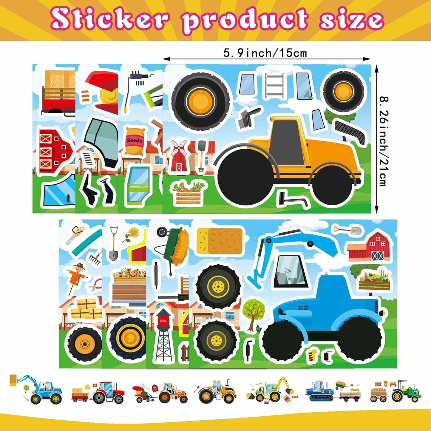 24 Sheets Make Your Own Farm Tractor Stickers for Kids Toddler, Fall Autumn Stickers, Happy Farm Themed Birthday Party Favors Supplies